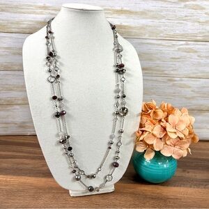 ANN TAYLOR LOFT Silver-Tone Grey and Purple Beaded Double Strand Long Necklace